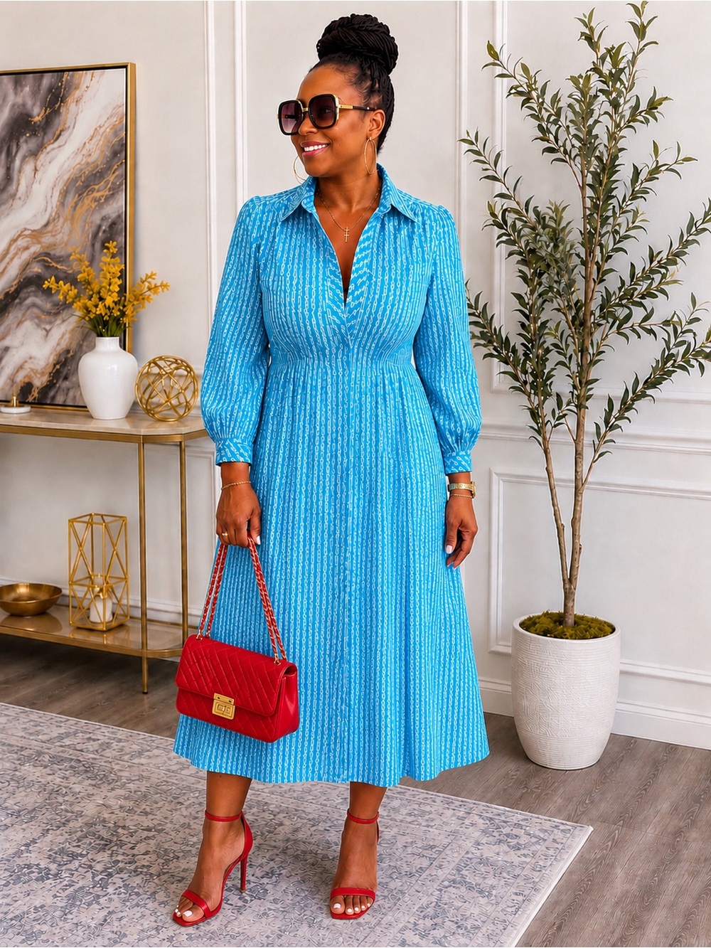 Women’s Vintage Blue Collared Midi Dress